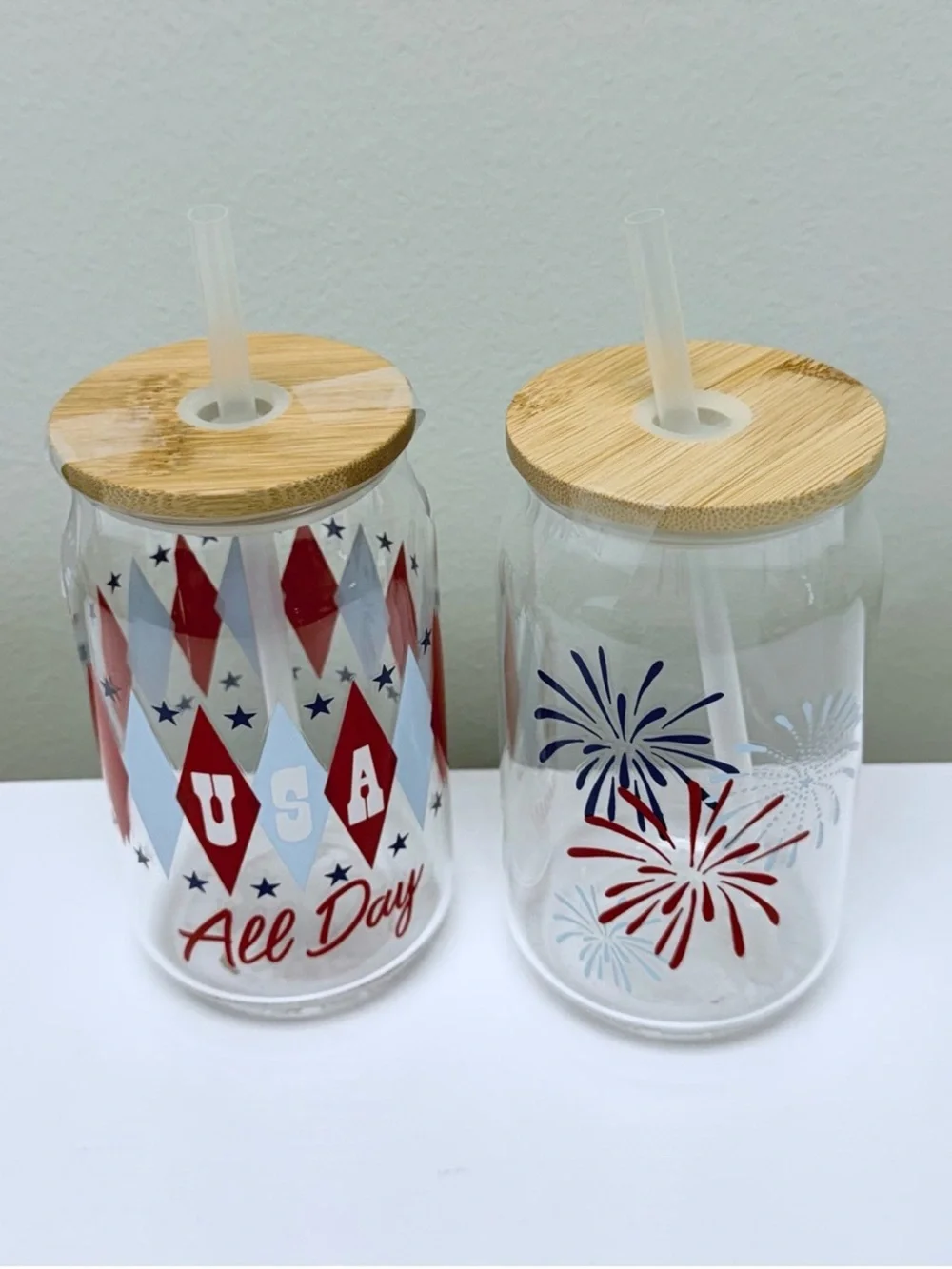 Set of 2 Patriotic Glass Tumblers with Bamboo Lid & Straws- Red White Blue